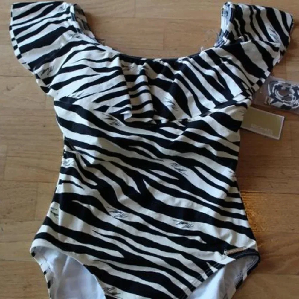 Michael Kors Cream & Black Off The Shoulder Ruffled One-piece Swimsuit S…